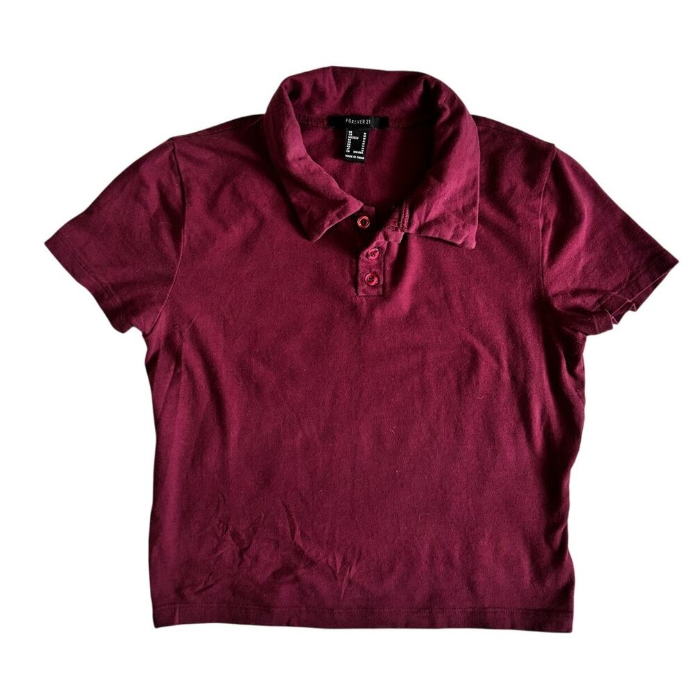 Forever 21 Maroon Cropped Polo Shirt Women's Medium Y2K Preppy Aesthetic Top